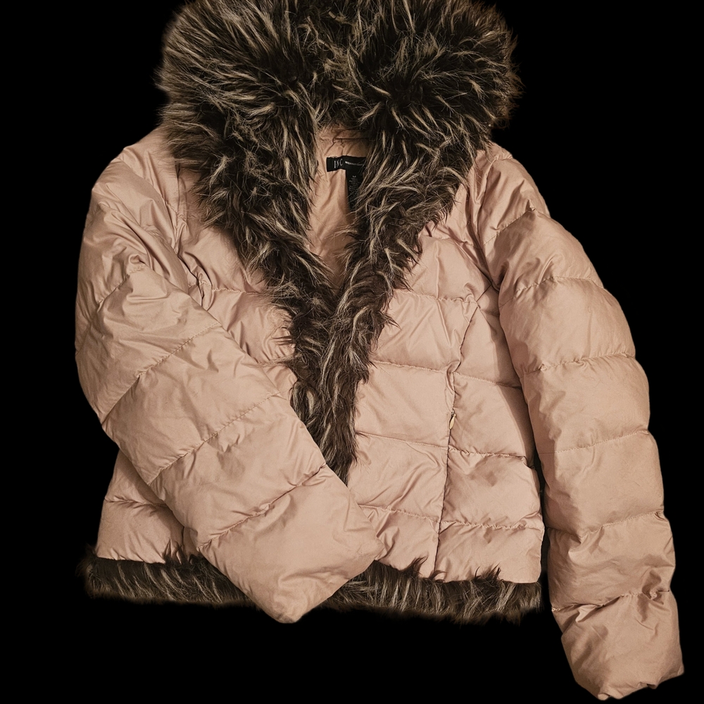 INC International Concepts Down Cream Puffer Jacket with Fur Trim